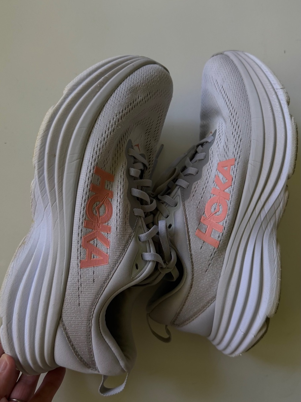 HOKA One Bondi 9.5D Shoes Womens White Gray Coral Max Cushion -Missing Insoles